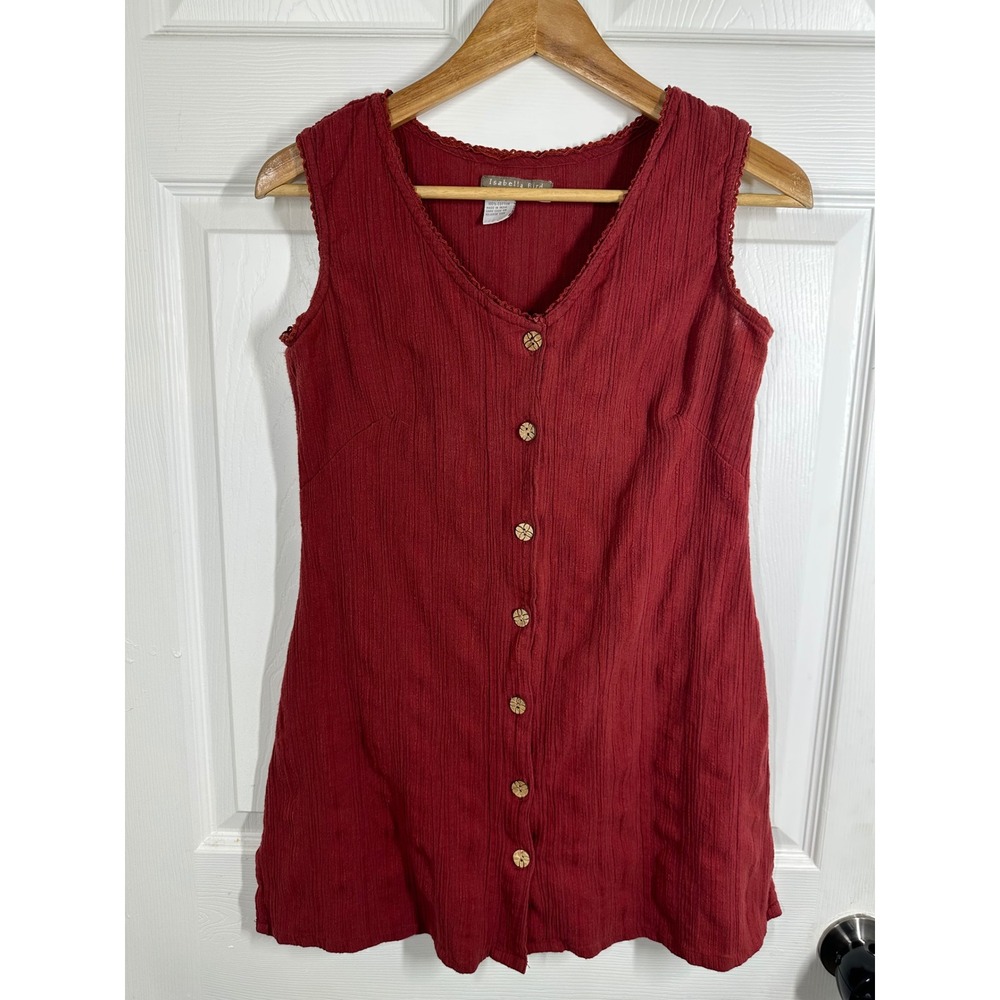 Isabella Bird Top Womens S Red Cotton Gauze Button Front Scallop Trim Boho Tunic